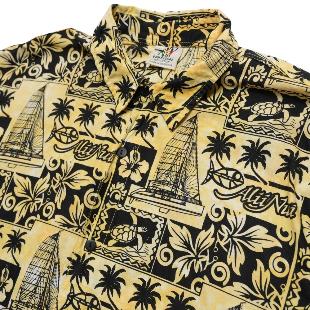 Rum Reggae Hawaiian Shirt Mens Large Yellow Sailboat Palm Tree